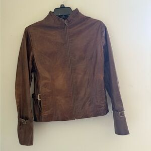 Women's Brown Leather Zip-Front Jacket with Buckle Accents